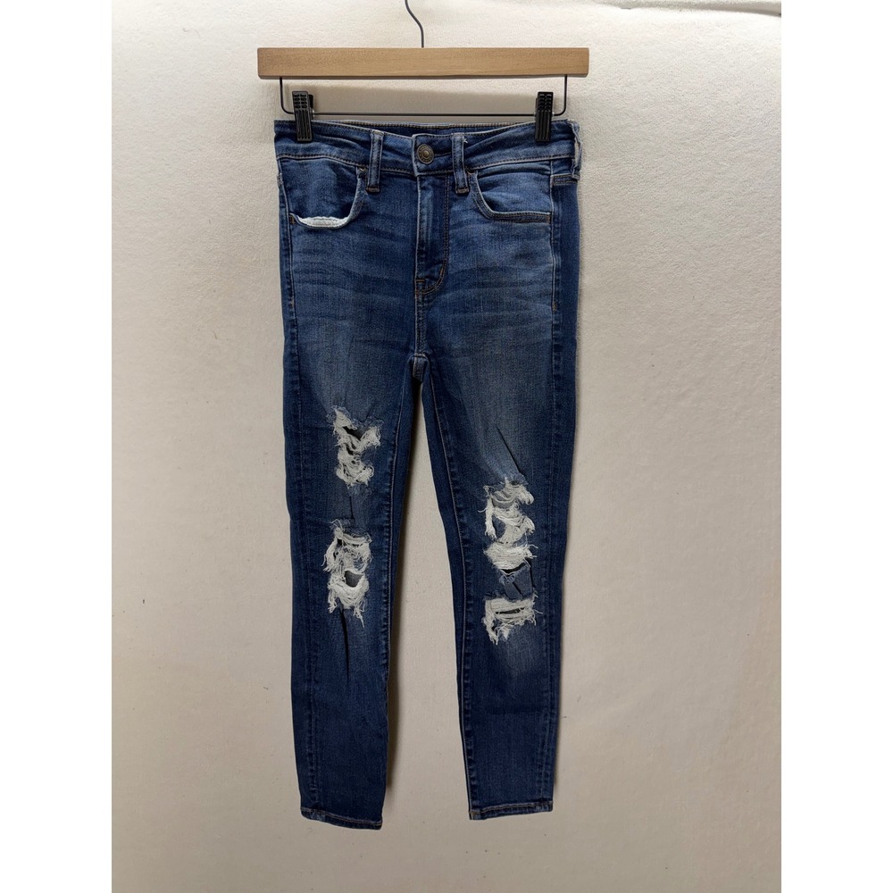American Eagle Jegging Womens 4 X-Short Blue Distressed Hi-Rise Skinny 3622